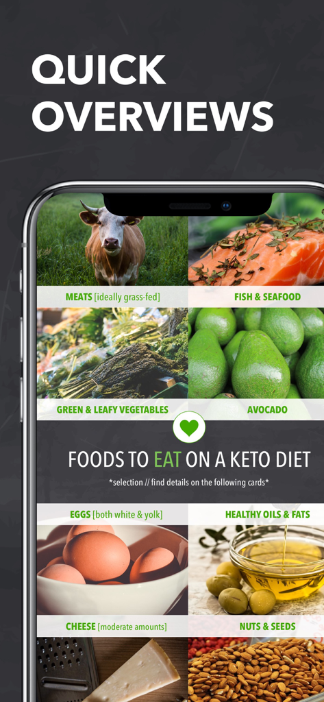Keto diet app screen showing a quick overview of recommended foods including meats, fish, vegetables, and healthy fats
