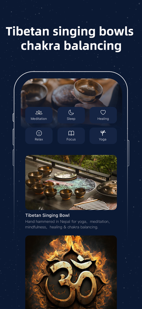 Chakra meditation app screen featuring Tibetan singing bowls and healing categories