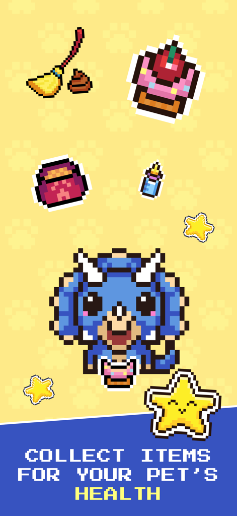 StepPals - Walking App - A blue pixel art dinosaur pet in StepPals surrounded by collectible care items like a cake and stars.