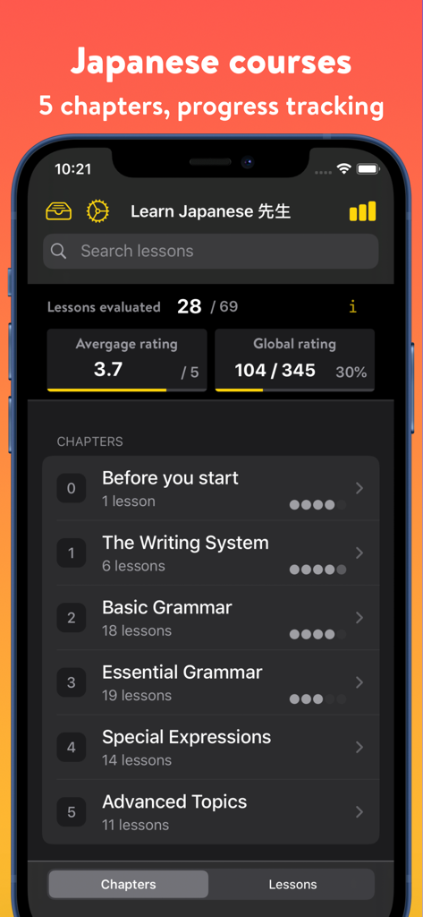 Learn Japanese: Sensei - Learn Japanese Sensei app dashboard displaying course chapters and lesson progress tracking
