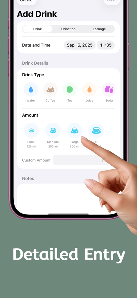 Eine mobile Oberfläche zum Protokollieren von Getränken in der Blasentagebuch-App, die Getränkearten und Größenauswahlen zeigt