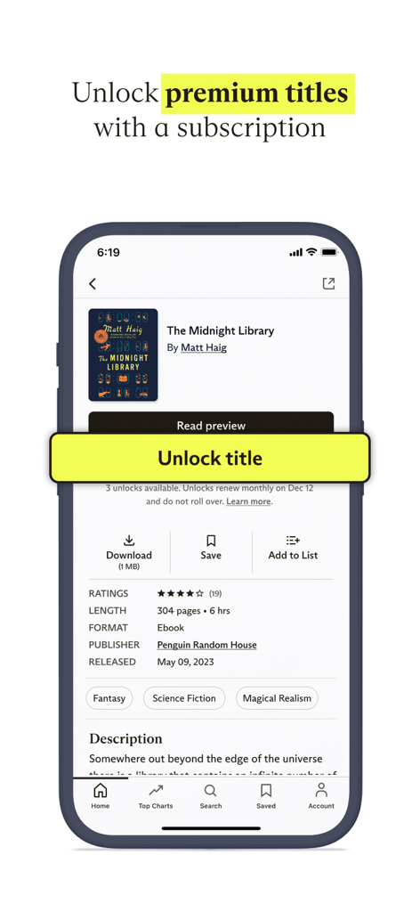 Everand App-Bildschirm mit Buchdetails für The Midnight Library und einer Schaltfläche zum Freischalten von Premium-Titeln mit einem Abonnement