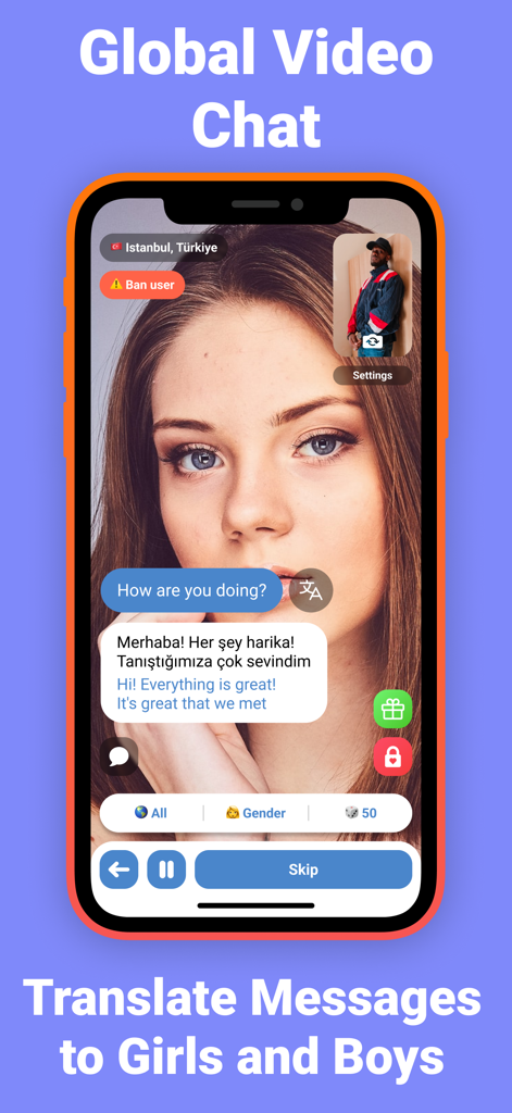 RC Live Video Chat Alternative - Interfaz de la aplicación RC Live Video Chat con traducción de texto en tiempo real durante una videollamada global