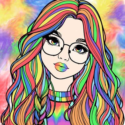 girl with long hair and freckles and glasses realistic