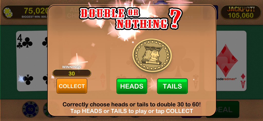 Pantalla del minijuego Doble o Nada en la aplicación Video Poker Jackpot con un lanzamiento de moneda para duplicar las ganancias.