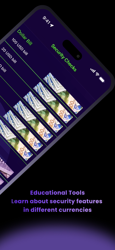 Cash Guard: Identify Fake Bill - Tela de aplicativo móvel para Cash Guard exibindo verificações de segurança e ferramentas educacionais para várias notas.