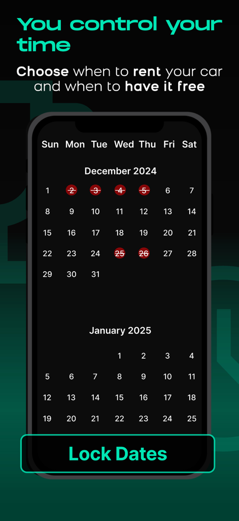 Comfy - Interfaz de la aplicación móvil mostrando un calendario para que los anfitriones de coches gestionen y bloqueen las fechas de disponibilidad de alquiler.