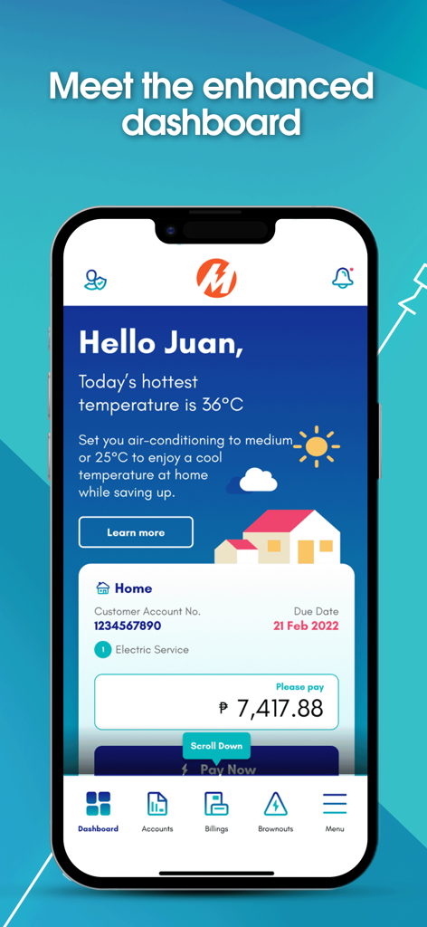 My Meralco - My Meralco mobile app dashboard showing account balance, payment due date, and energy saving tips.