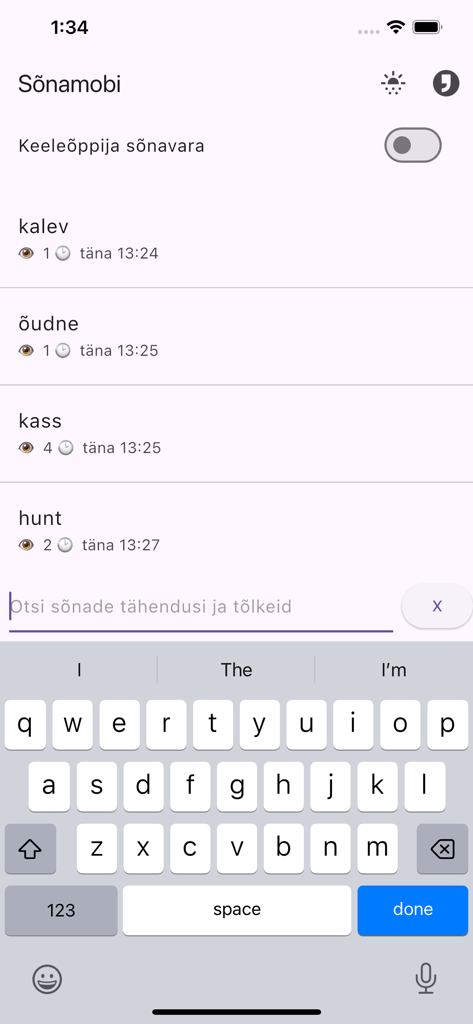 Interface of the Sõnamobi app showing a list of recently searched Estonian words and a search bar with an active keyboard.