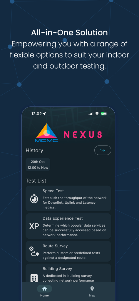 MCMC NEXUS - Interface of the MCMC NEXUS app showing a list of network testing tools such as speed test and data experience test