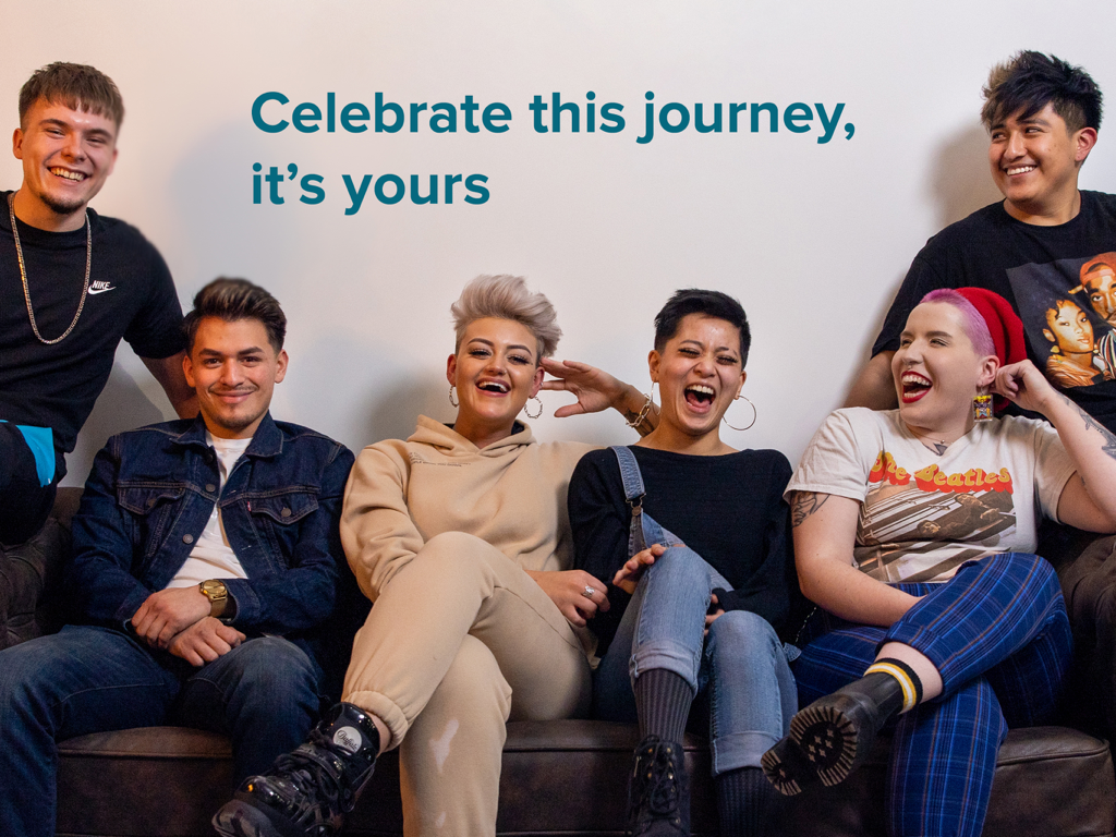 Booksy Biz Pro: Tablet App - A diverse group of smiling professionals sitting together with the text Celebrate this journey it is yours