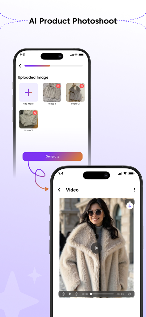 Voops AI:Image & Video Creator - Interfaz de la aplicación móvil Voops AI que muestra la transformación de fotos de ropa subidas en un vídeo de sesión de fotos de producto profesional generado por IA.