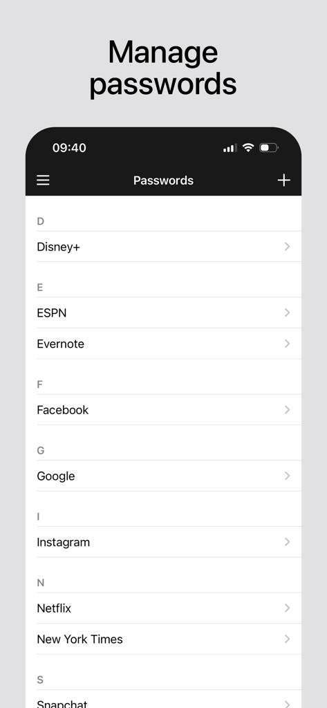 Private Vault – Store Files - A list of stored passwords for various online accounts in the Private Vault app