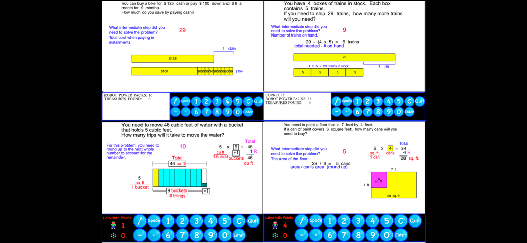 4th Grade Math - Math Galaxy - Interface of a math app showing word problems with visual bar models and area diagrams