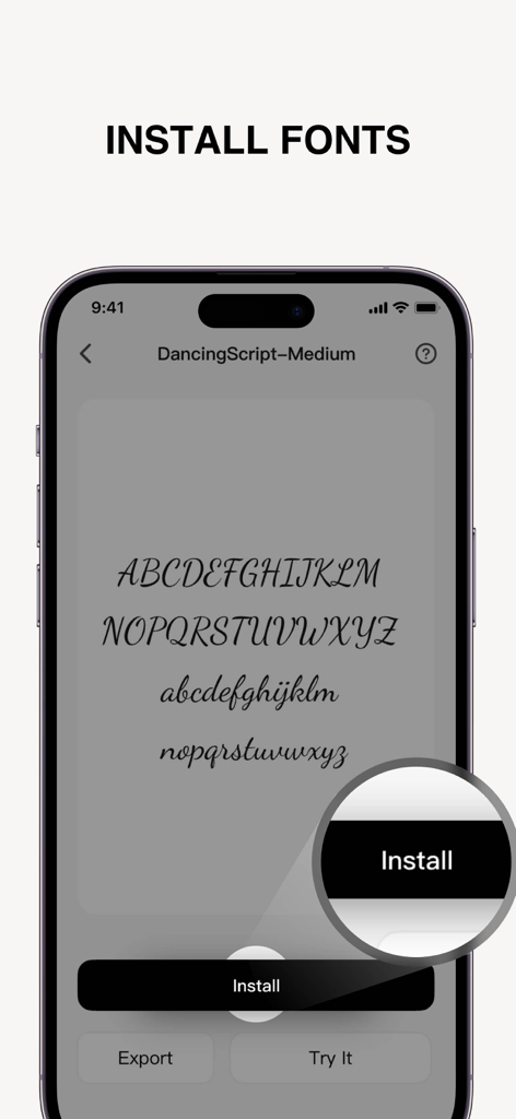 iPhone-Bildschirm mit Vorschau einer Schreibschrift mit einem prominenten Installieren-Button in der Fonts-App
