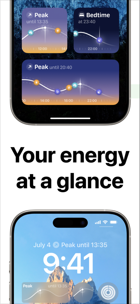 Peaks: Sleep & Energy - Widgets de la pantalla de bloqueo y de inicio del iPhone que muestran los picos de energía diarios y las predicciones de sueño de la aplicación Peaks