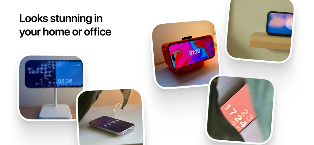 Clocks - A fun standby mode - A collage of iPhones in various home and office settings displaying different aesthetic clock faces from the Clocks app.