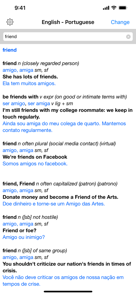使用例を含む、単語「friend」の英語からポルトガル語への翻訳