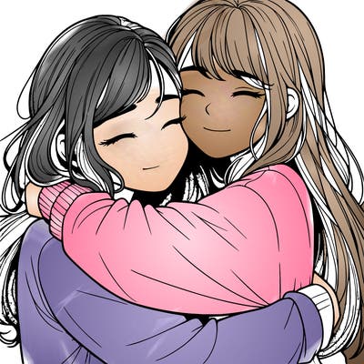 realistic two girls hugging