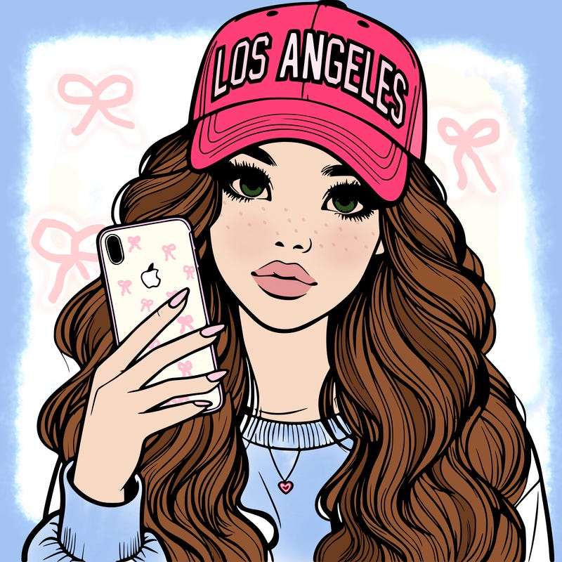 realistic beautiful girl wearing los ángeles cap holding an iphone
