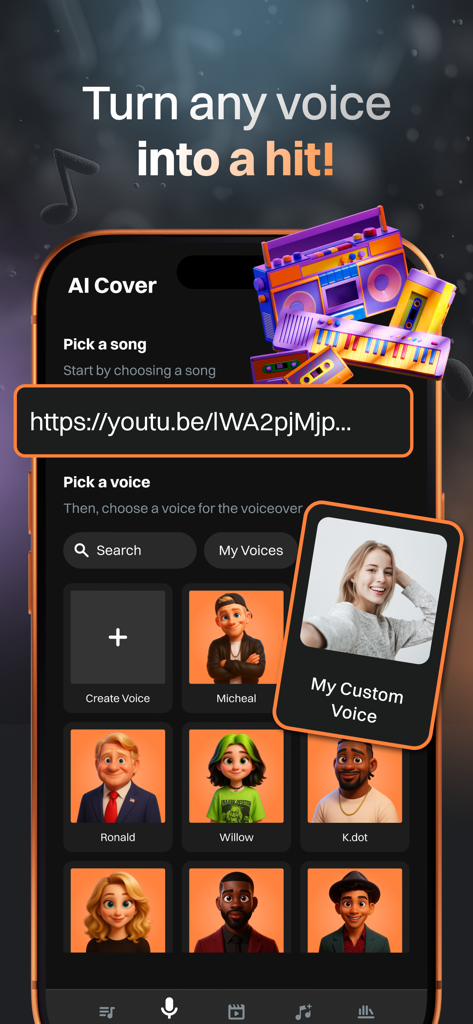 AI Music, Song Generator: Tune - interface of the tune app showing options to pick a song and choose an ai voice for creating music covers