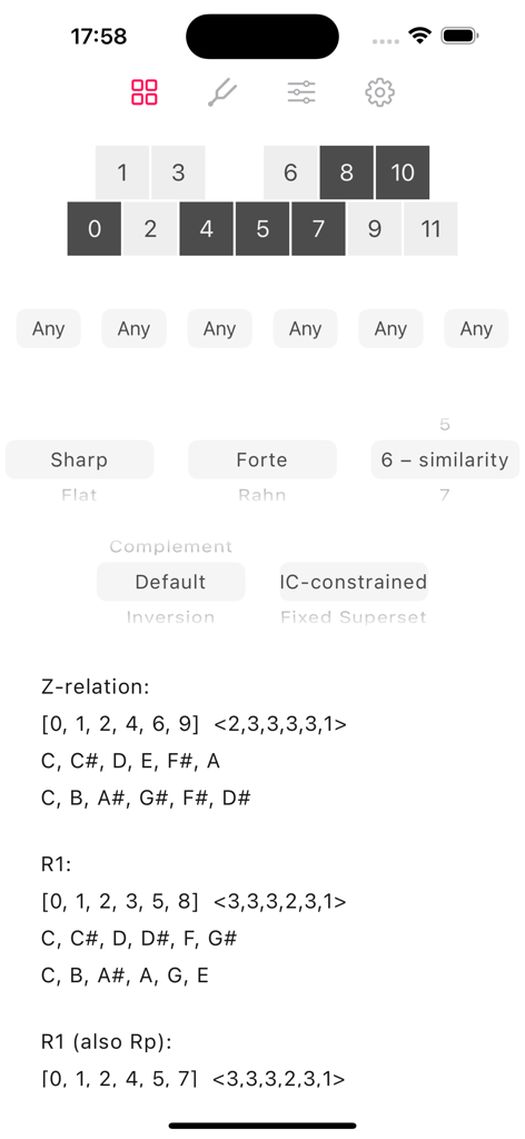 Composer Lab - Musical pitch set theory analysis interface in the Composer Lab app showing numeric pitch selections and interval vectors