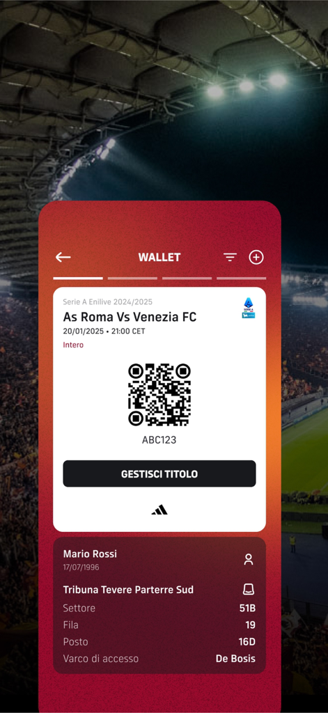 Biglietto digitale per la partita dell'AS Roma con un codice QR e le assegnazioni dei posti nel portafoglio dell'app