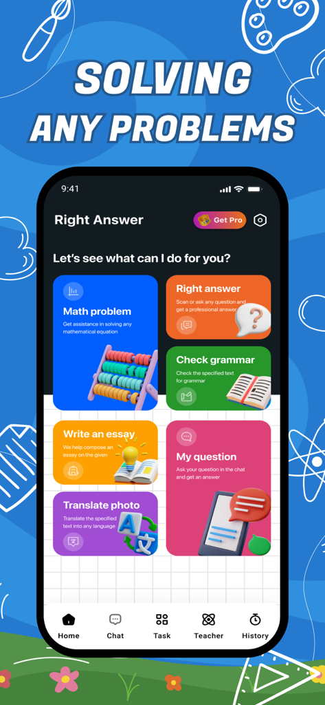 Home screen of Right Answer AI Solver app featuring different study tools for math grammar and essay writing