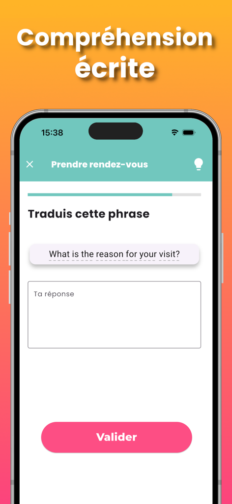 Goopy : Apprendre l'anglais - Captura de pantalla de la aplicación Goopy de un ejercicio de traducción de comprensión lectora de inglés a francés.
