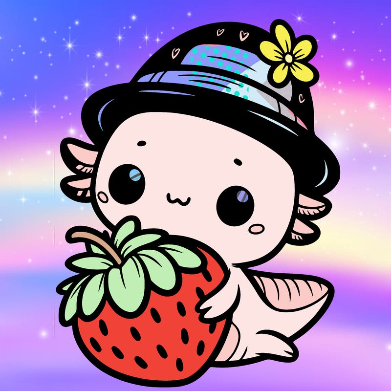 cute axolotl holding a strawberry with a cute hat