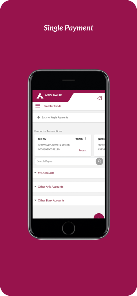 Axis Mobile - Corporate - Single payment transfer screen on the Axis Mobile Corporate banking app