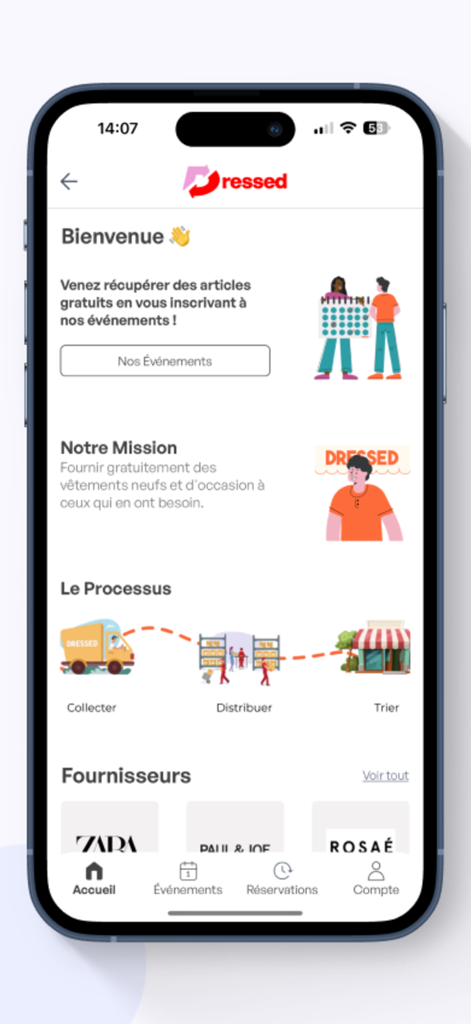 Dressed - Startbildschirm der Dressed-App, der seine Mission, kostenlose Kleidung anzubieten, veranschaulicht und Markenpartner zeigt.