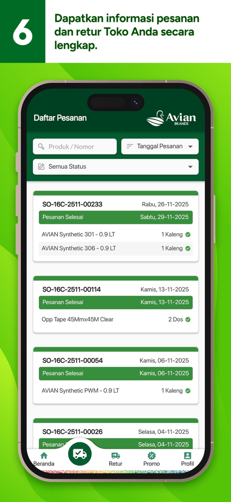 Avian Brands의 상태 업데이트 및 제품 세부 정보와 함께 비즈니스 주문 목록을 보여주는 모바일 앱 인터페이스.