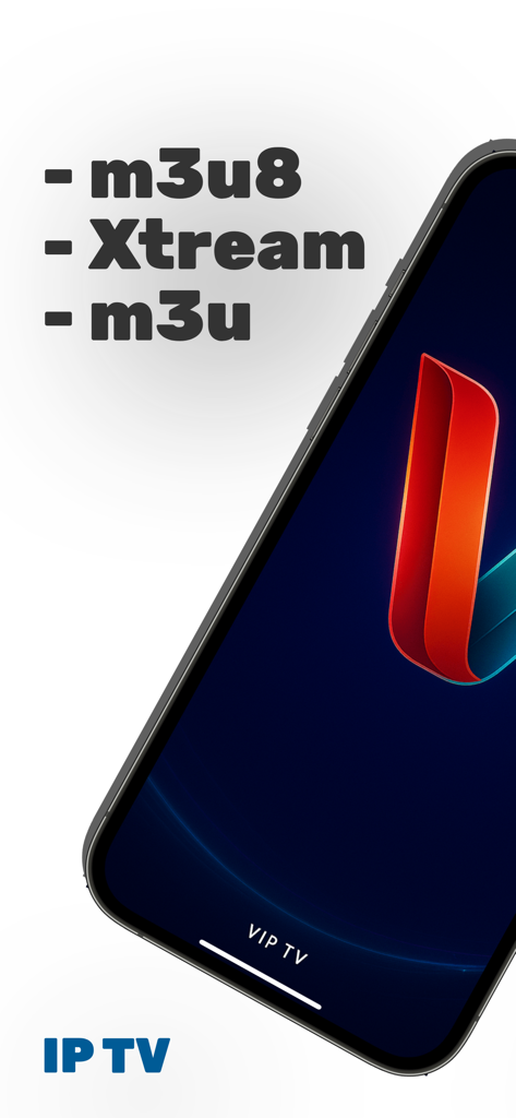 V-IP TV app interface highlighting support for m3u8 Xtream and m3u playlist formats on a smartphone