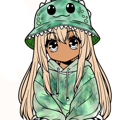 girl with anime shaped eyes with a dinosaur bucket hat oversized sweatshirt long straight hair