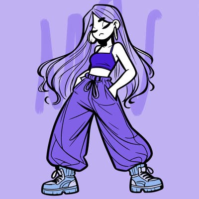 girl in baggy pants crop top and long hair
