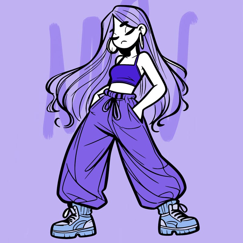 girl in baggy pants crop top and long hair