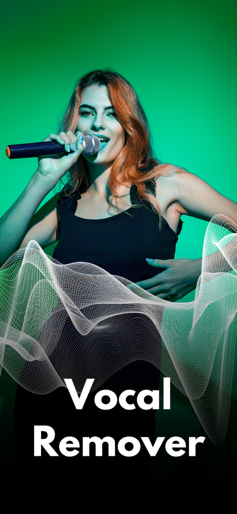 Vocal Remover: AI Splitter - Eine junge Frau singt in ein Mikrofon mit digitalen Schallwellen und dem Text Vocal Remover