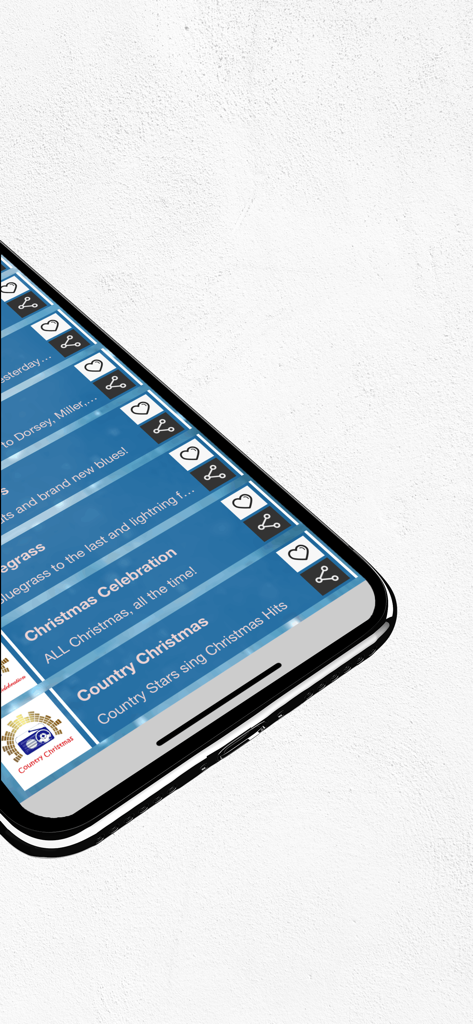 GotRadio.com - Interface of GotRadio app showing music stations for Christmas and Country music