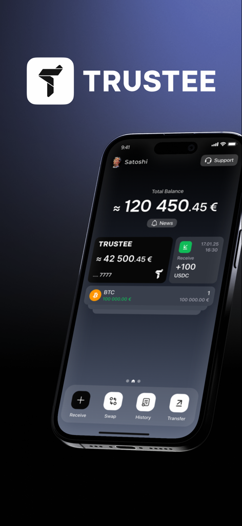 Trustee Plus | Wallet & Card - Trustee Plus mobile app interface on a smartphone showing crypto balances and financial navigation menu