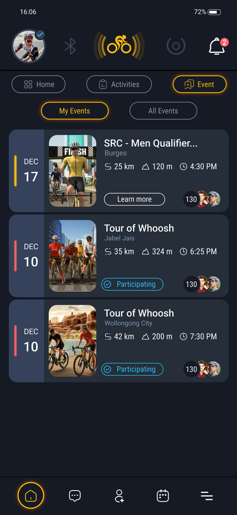 Un écran de l'application MyWhoosh Link montrant une liste des événements cyclistes virtuels à venir avec des détails sur la distance et le dénivelé.