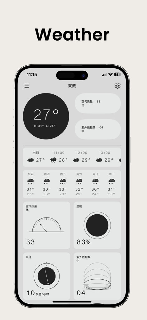 Last Weather - 깔끔한 레이아웃으로 온도, 대기 질, 습도 데이터를 보여주는 미니멀리스트 날씨 앱 인터페이스