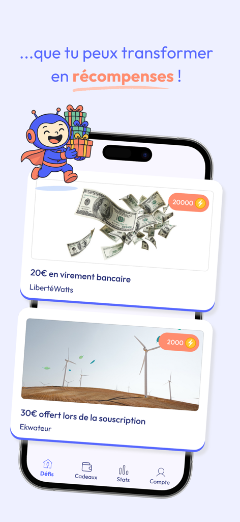 LibertéWatts mobile app screen displaying rewards like bank transfers and energy discounts for points earned through energy challenges