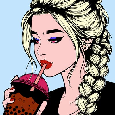 realistic girl drinking boba tea with braided hair