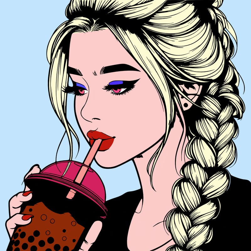 realistic girl drinking boba tea with braided hair