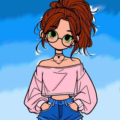 girl with a messy ponytail glasses a baggy crop top and jean shorts