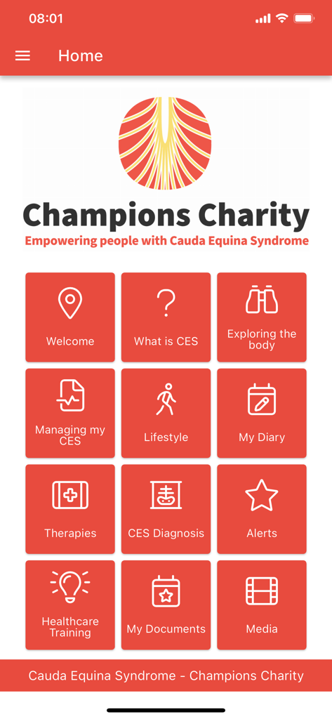 CaudaEquina - The home screen of the Cauda Equina Syndrome app showing a grid of menu options including My Diary, CES Diagnosis, and Healthcare Training.