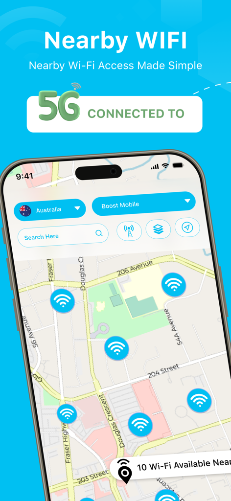 WiFi Analyzer : Map & DNS - Interactive map showing nearby Wi-Fi hotspots and connection status on a smartphone.