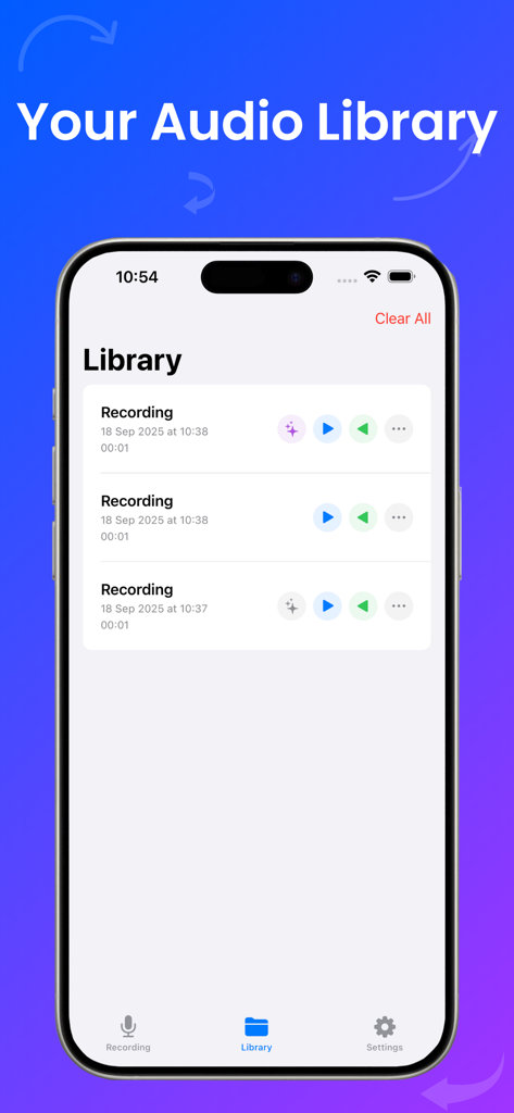 Sound Reverser: Audio Effects - Une liste de fichiers audio enregistrés affichée dans l'écran de la bibliothèque de l'application Sound Reverser