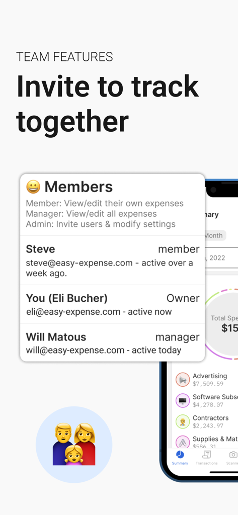 Receipt Scanner: Easy Expense - Interface showing team member management and roles for collaborative expense tracking in Easy Expense